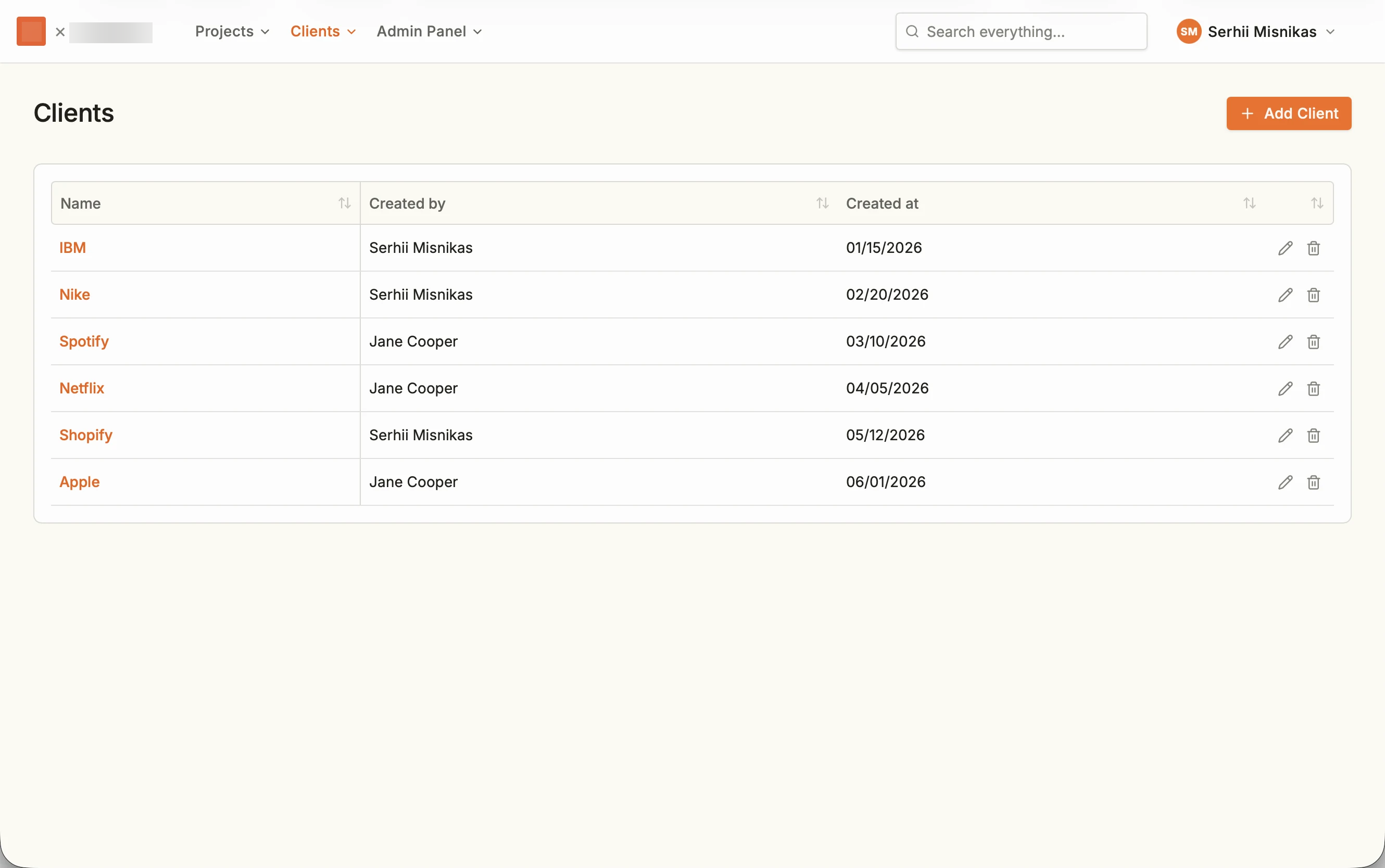 Client directory with a list of sample clients