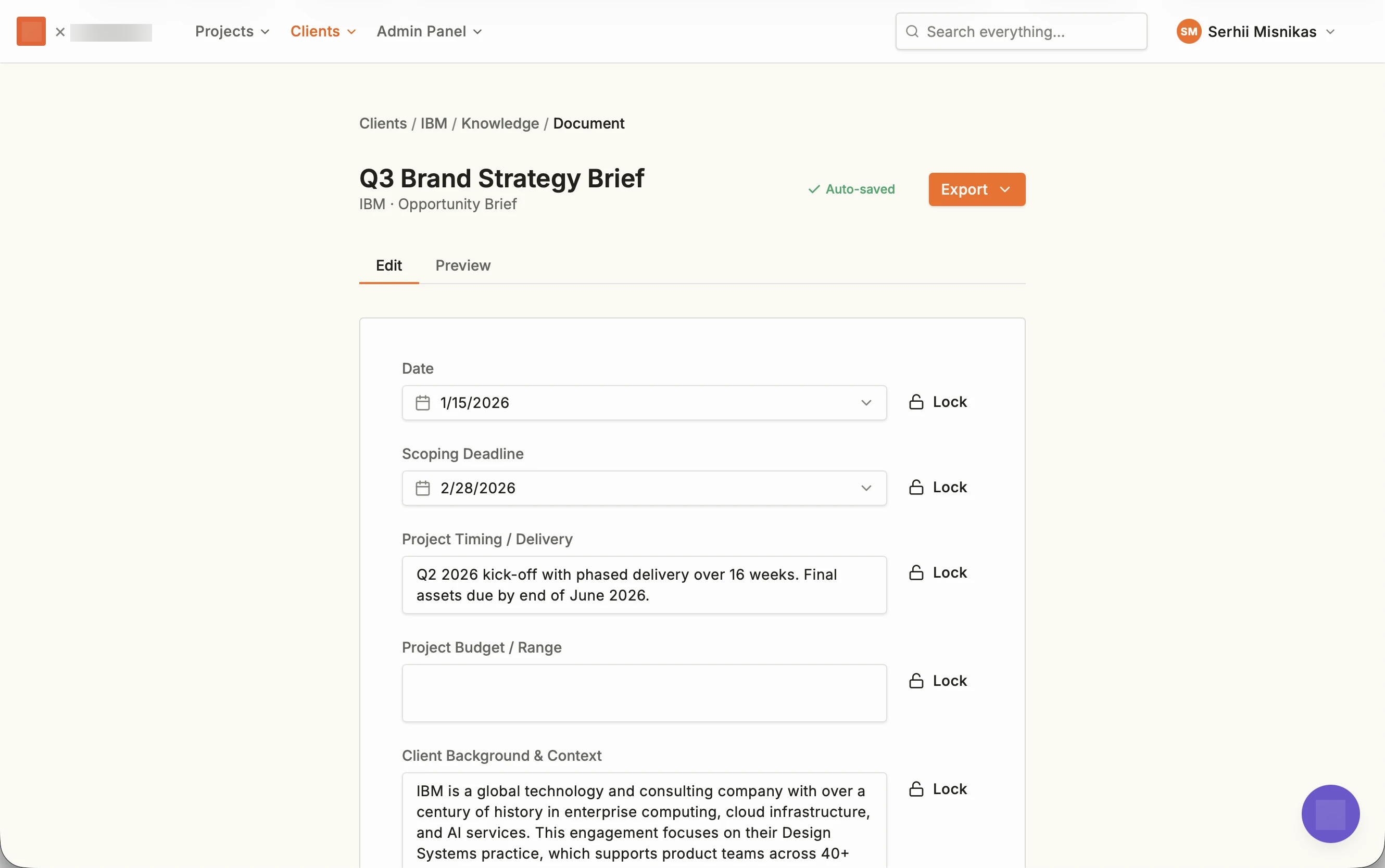 Opportunity Brief editor with structured fields and lock controls