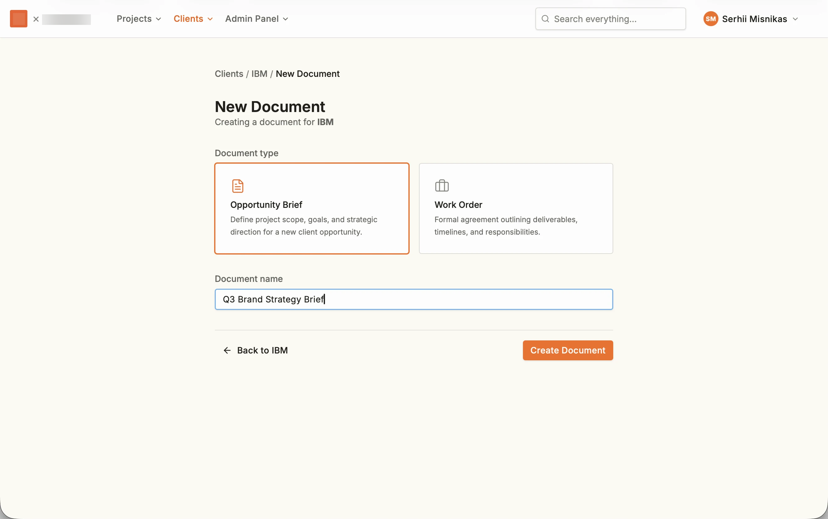 New document setup with Opportunity Brief selected