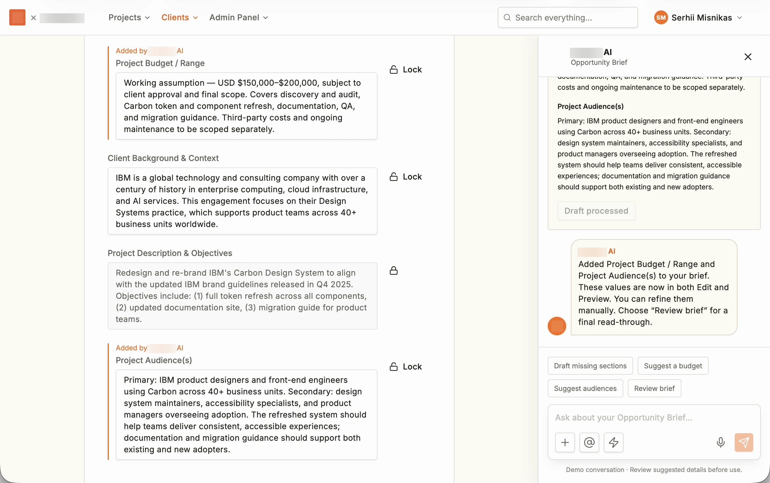 Opportunity Brief with AI-added sections highlighted beside the chat