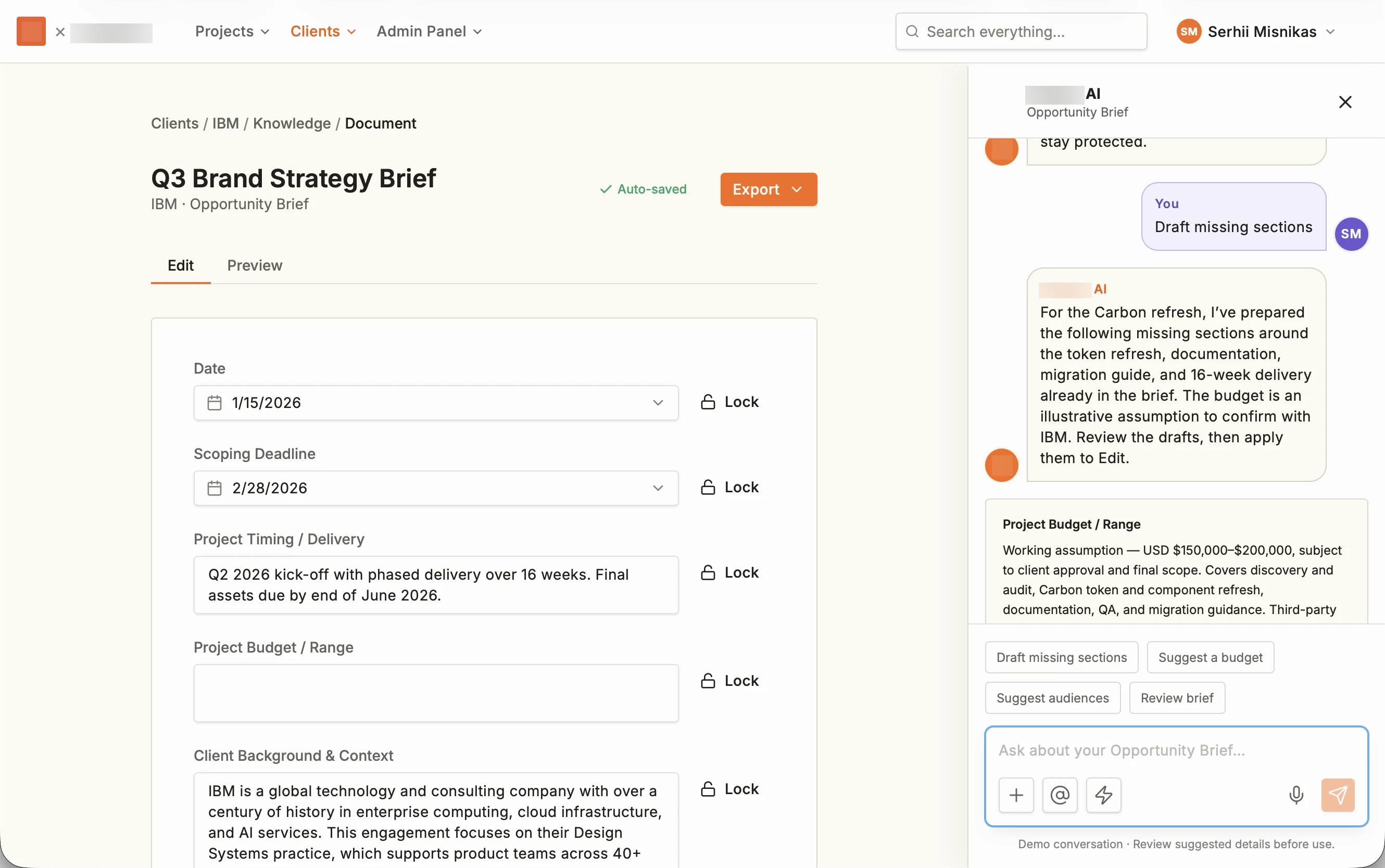 AI chat suggesting missing sections beside the Opportunity Brief