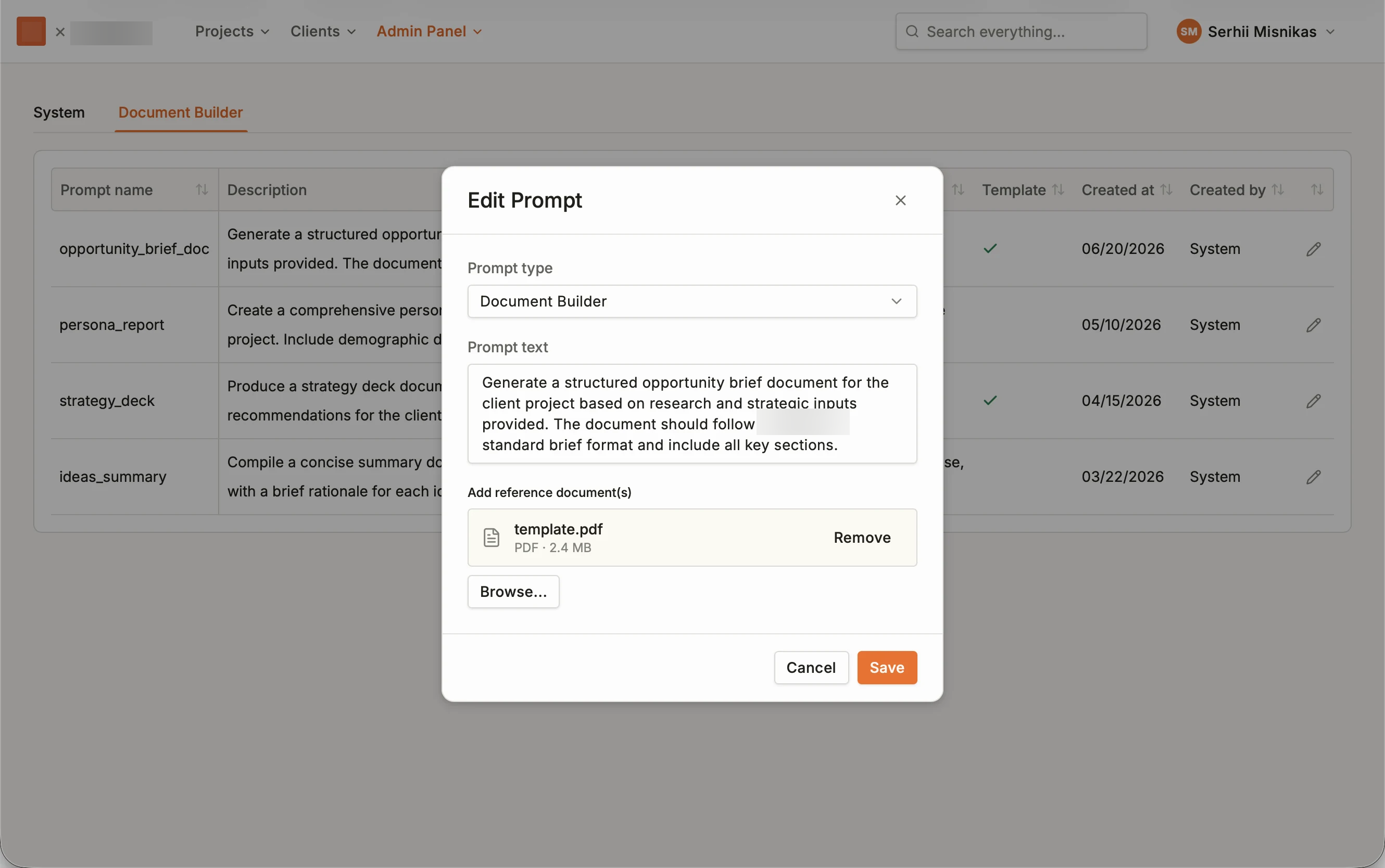 Prompt editor with document instructions and an attached reference template