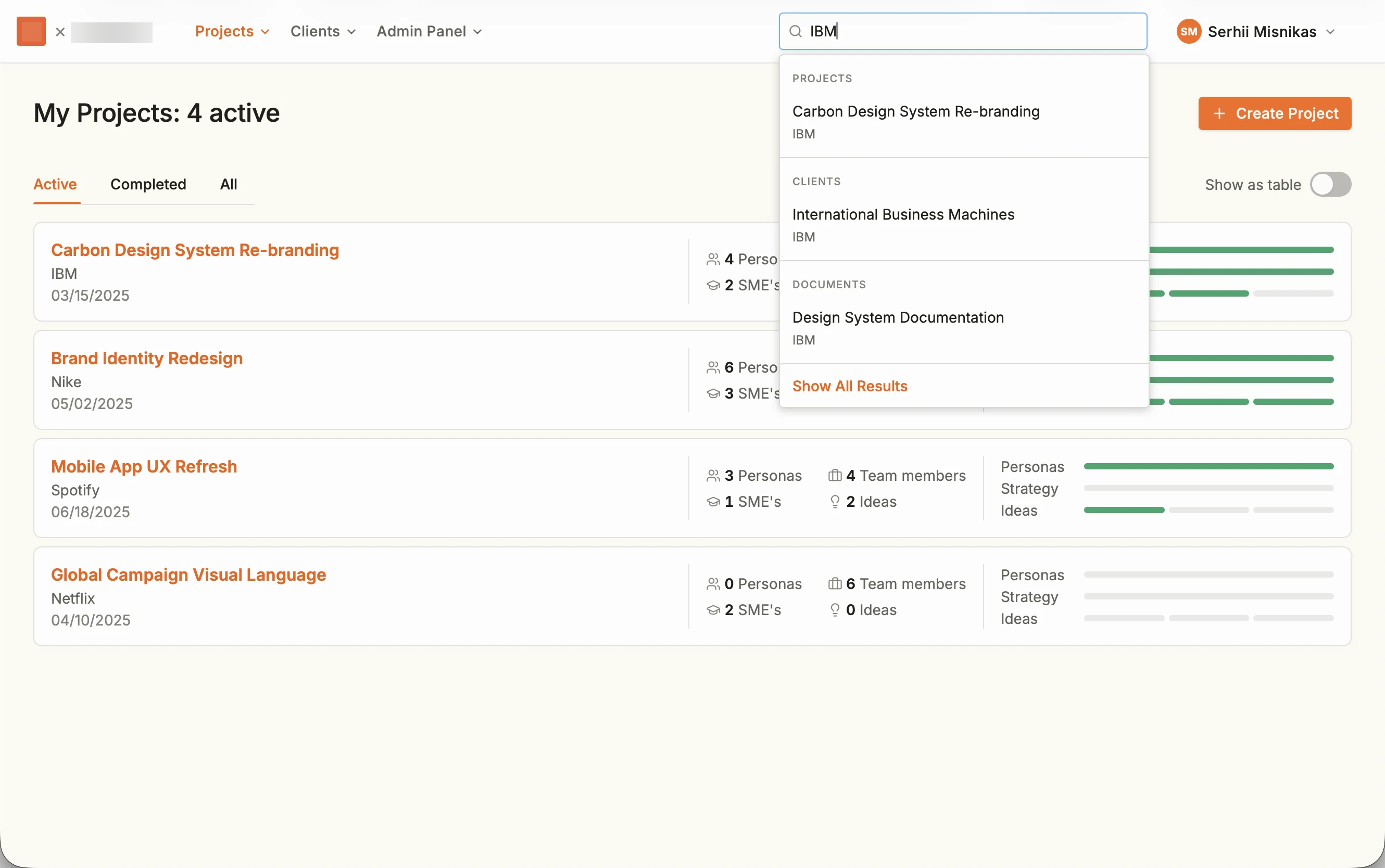 Search dropdown grouping project, client, and document matches