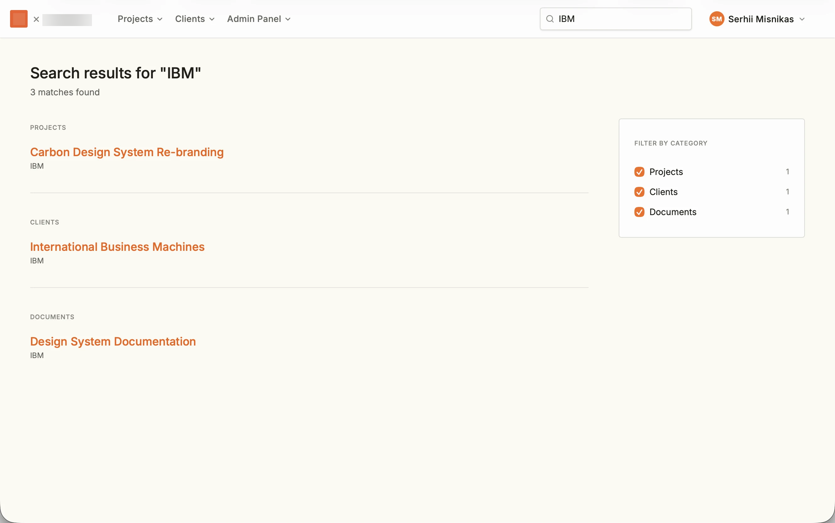 Search results page with category filters
