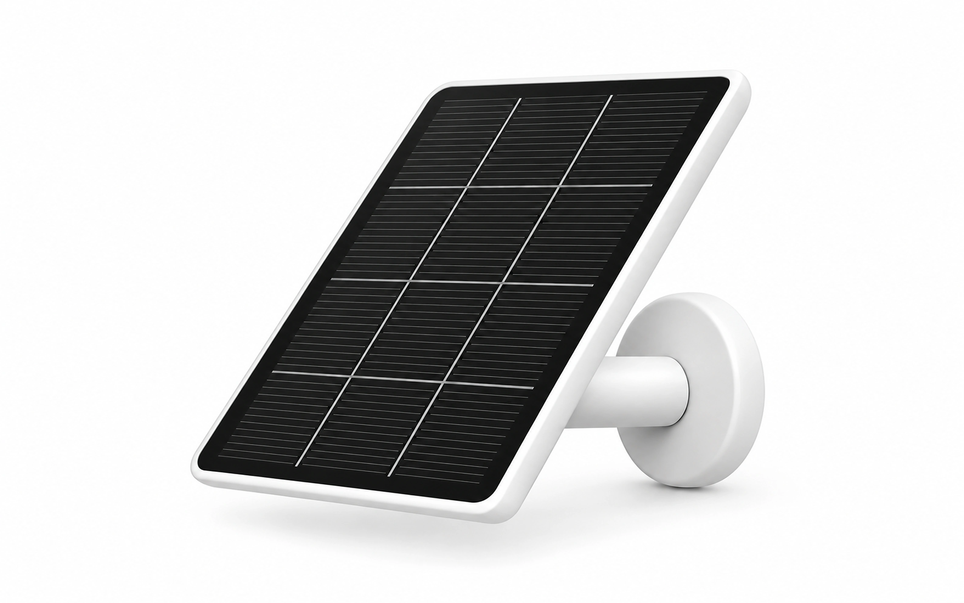 A simplified dark solar panel angled on a smooth white circular mount.