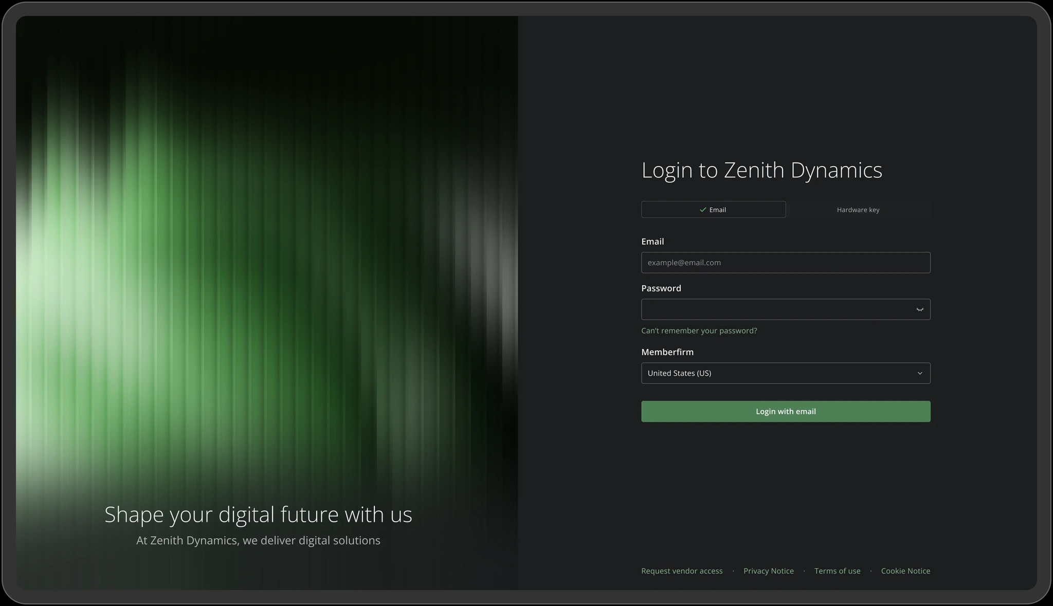 Dark sign-in concept pairing a green abstract illustration with email and hardware-key tabs, form fields, a selector, and a primary sign-in button.