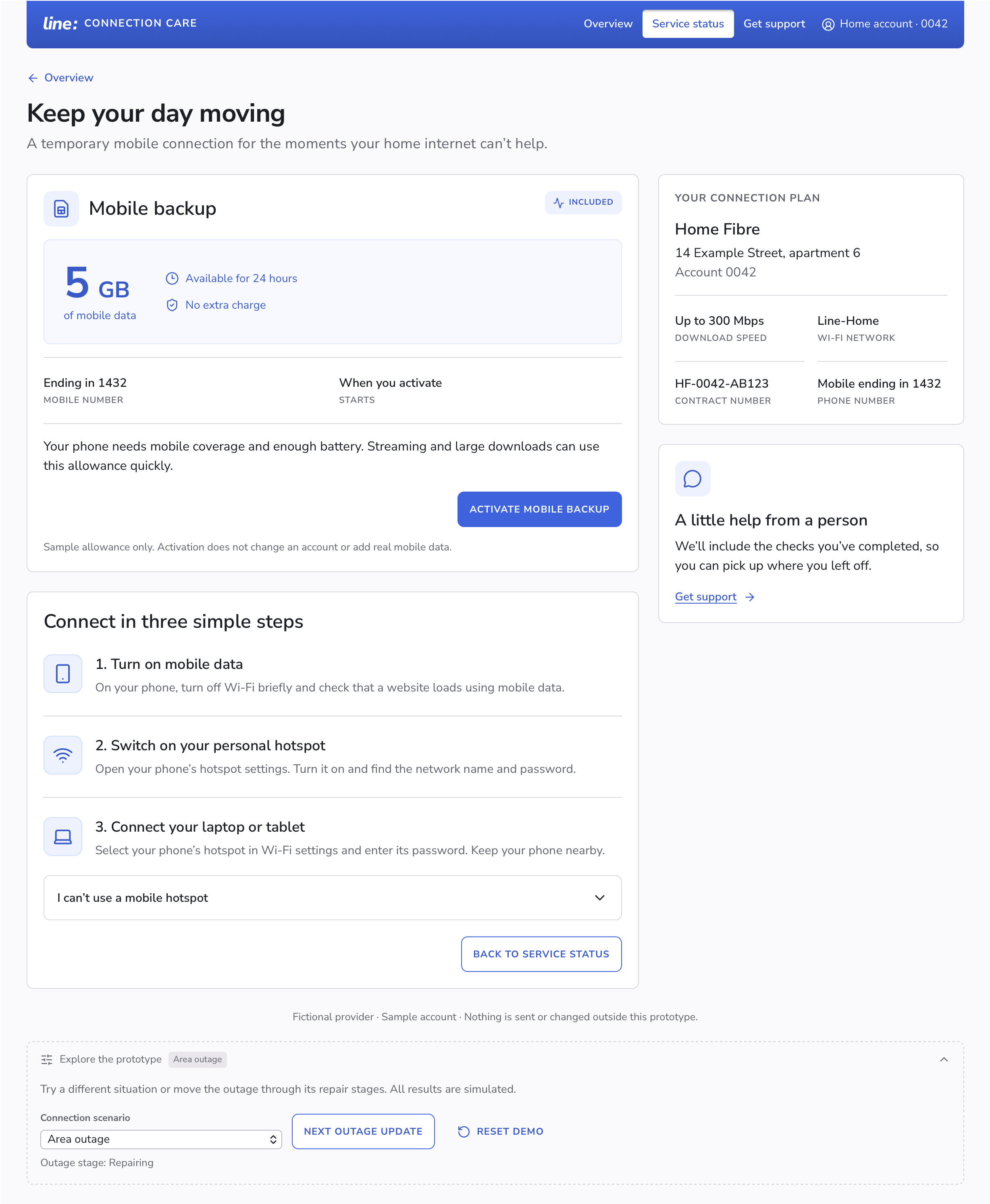 Mobile backup offer with its allowance, duration, and activation action.