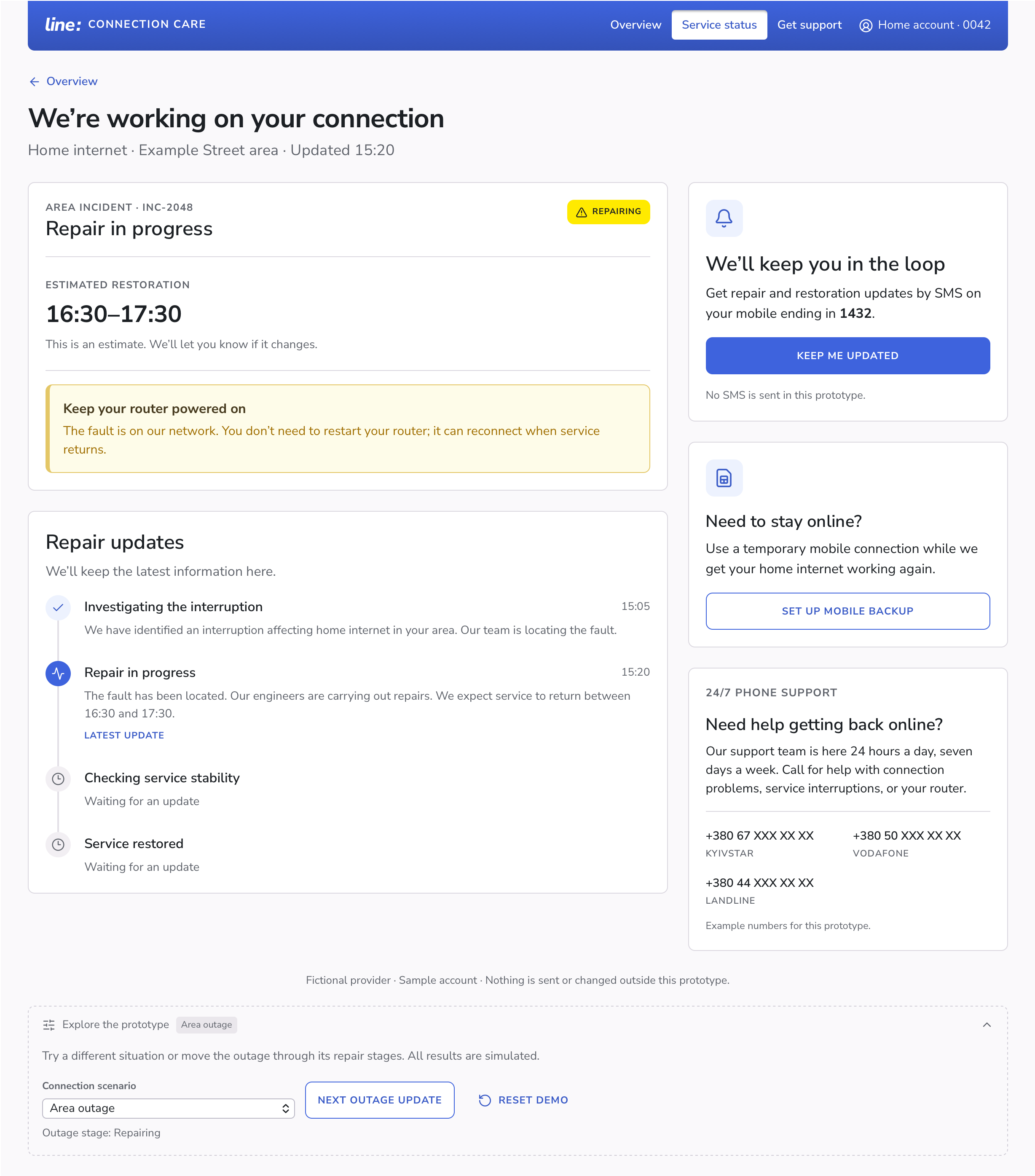 Service-status page showing a repair in progress and an estimated restoration window.