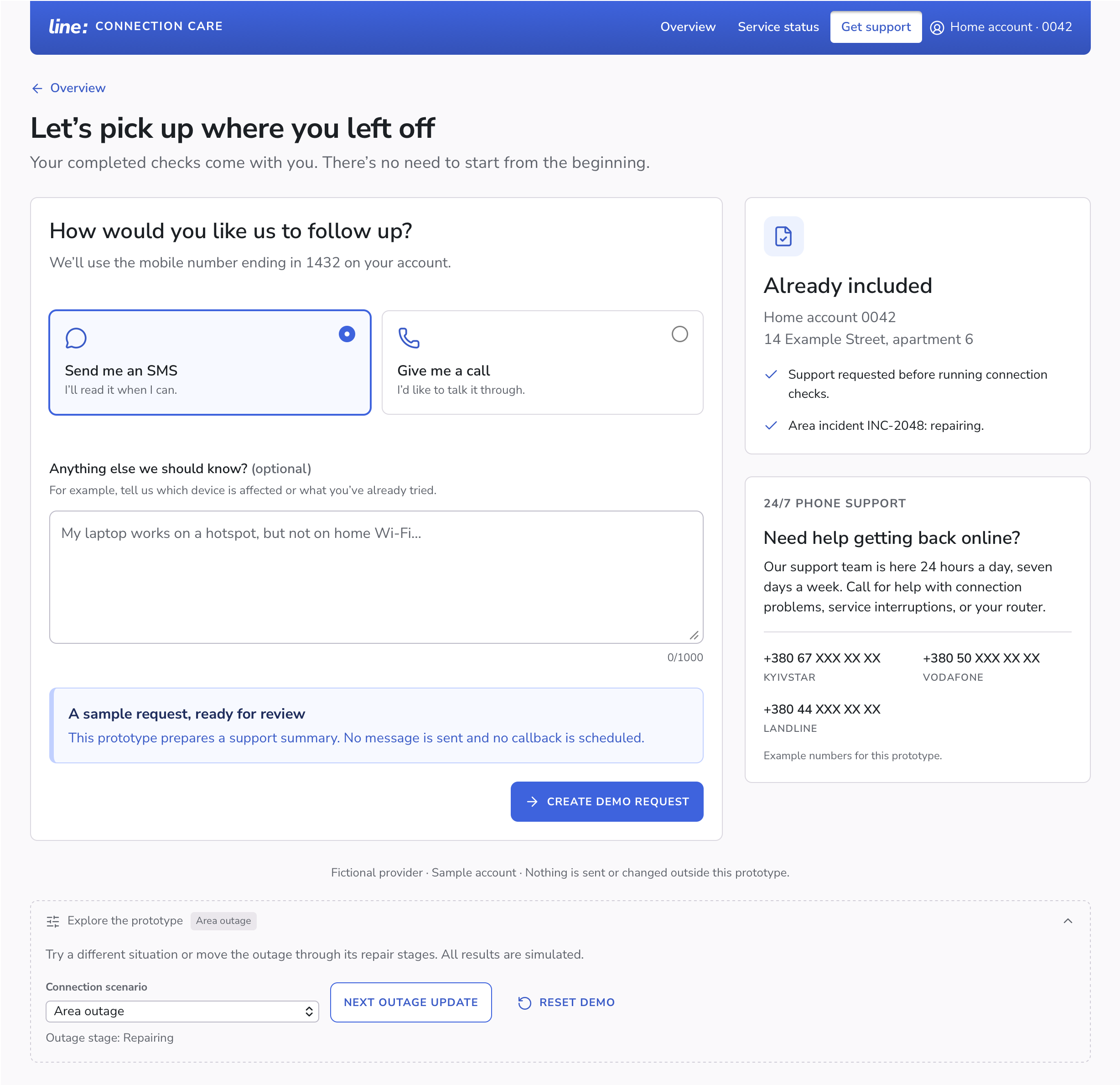Support handoff with contact preferences and a summary of the area incident before connection checks.